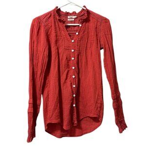 Faherty Willa Blouse Organic Cotton Women XS Peasant Top Shirt Puff Sleeve Coral